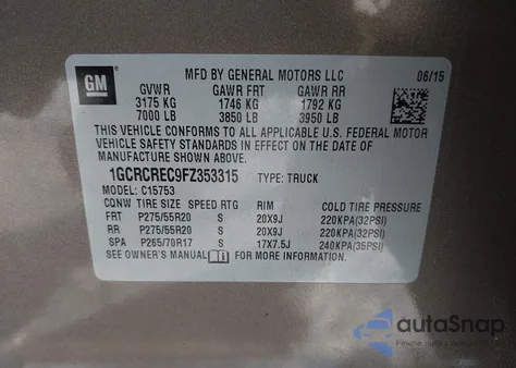 2015 Chevrolet Silverado 1500 1Lt z USA, uszkodzony, nr VIN 1GCRCREC9FZ353315